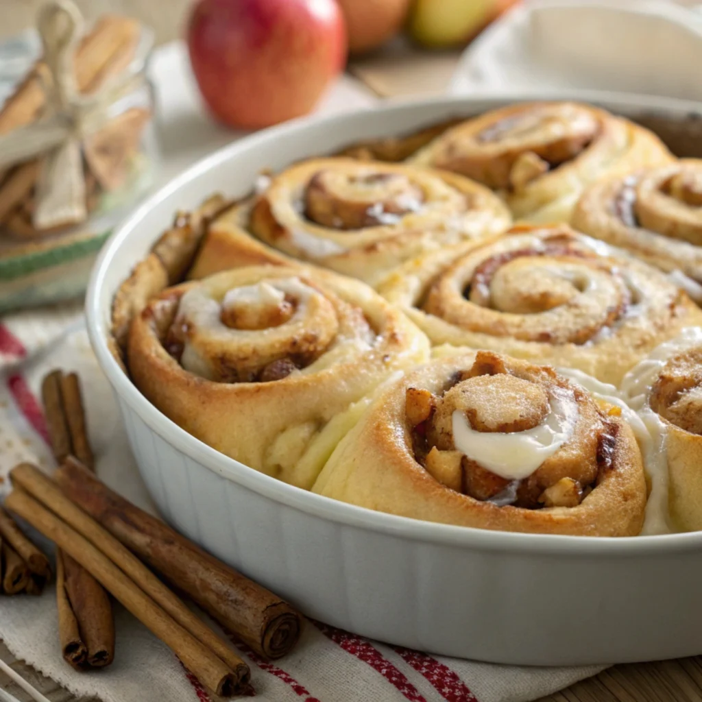 Freshly baked apple pie cinnamon rolls with gooey apple filling and vanilla glaze, served in a round baking dish