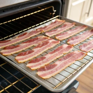 Turkey bacon arranged on a wire rack over a baking sheet, ready for baking.