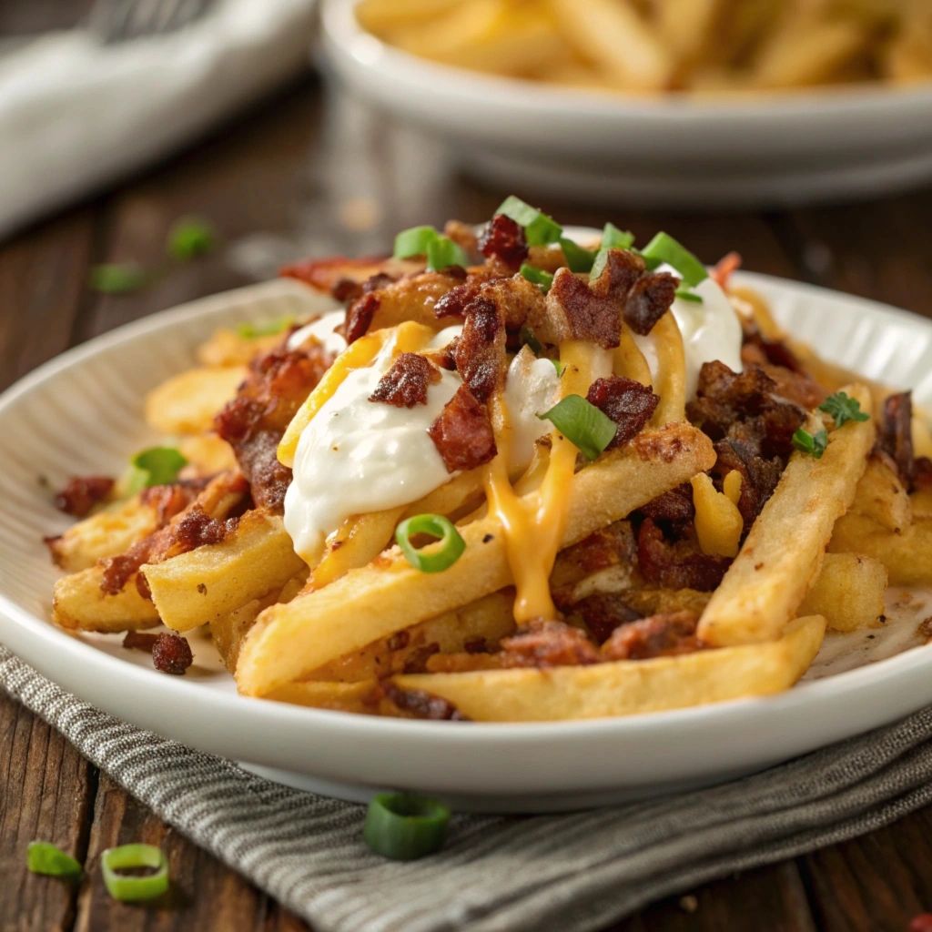 Loaded fries topped with melted cheese, bacon, sour cream, and green onions on a rustic wooden table