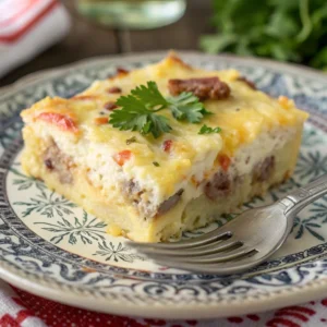 A single serving of Paula Deen breakfast casserole with layers of eggs, cheese, and sausage, ready to eat