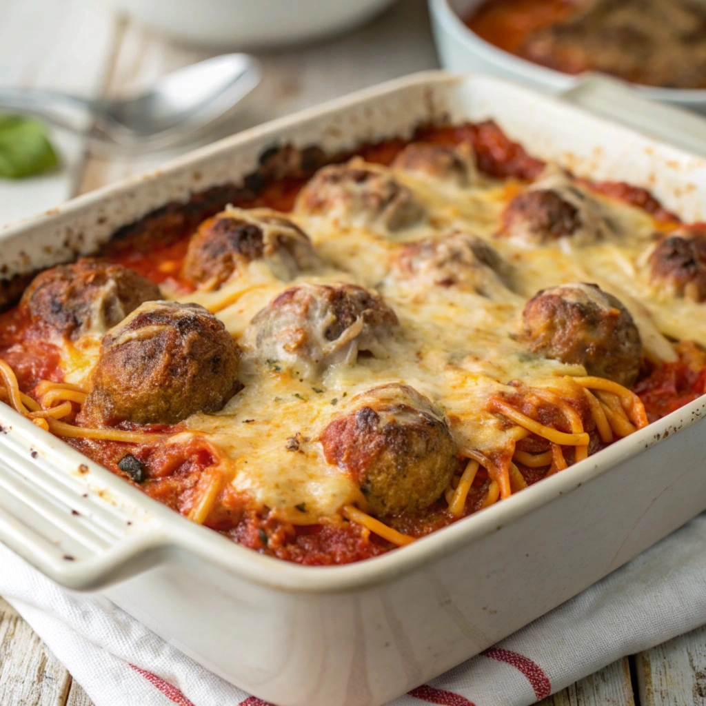 Baked spaghetti and meatballs with golden melted cheese in a casserole dish