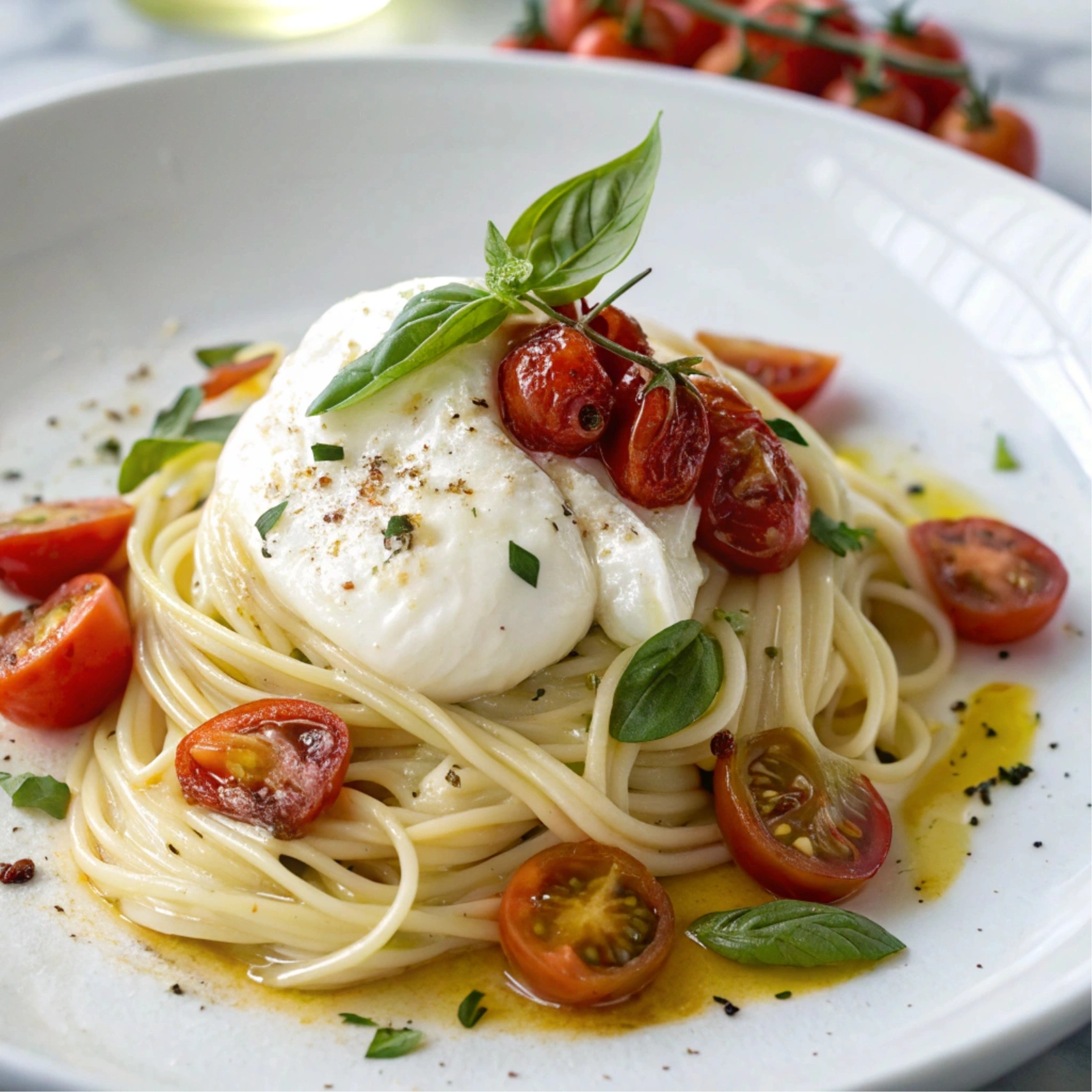 A close-up of creamy burrata pasta served on a white plate, topped with burst cherry tomatoes, fresh basil leaves, and a drizzle of olive oil. The creamy burrata is melting slightly over the pasta