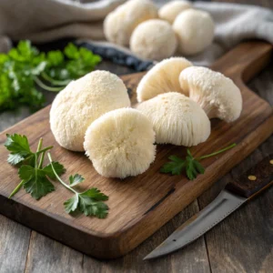 Fresh lion's mane mushrooms on a wooden board with parsley and a knife.
