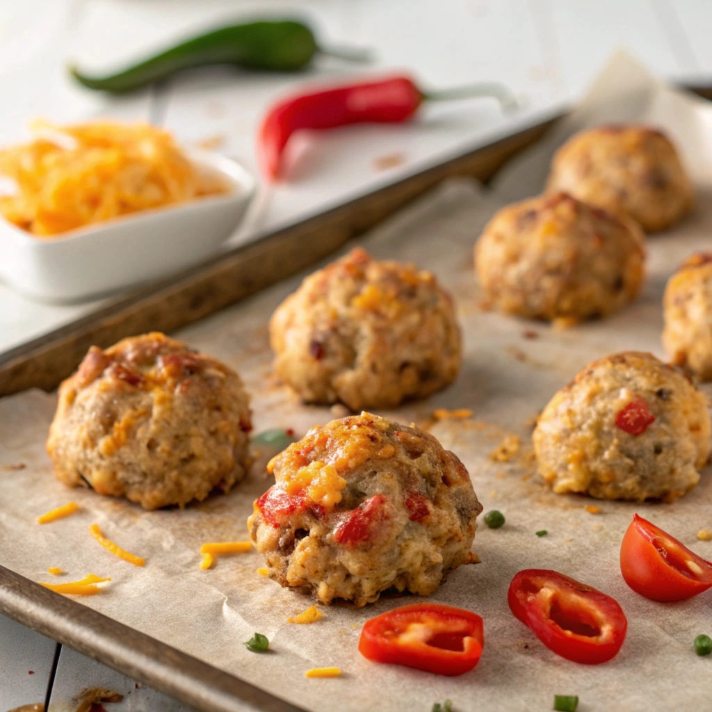 Golden Rotel cream cheese sausage balls fresh from the oven on a baking sheet.