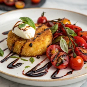 Fried burrata drizzled with balsamic glaze, served with cherry tomatoes and fresh basil garnish