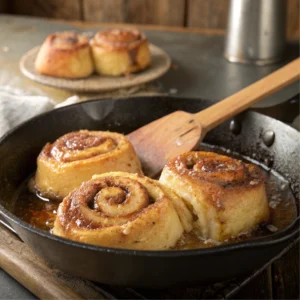 Hawaiian roll French toast cooking in a skillet with melted butter and cinnamon.