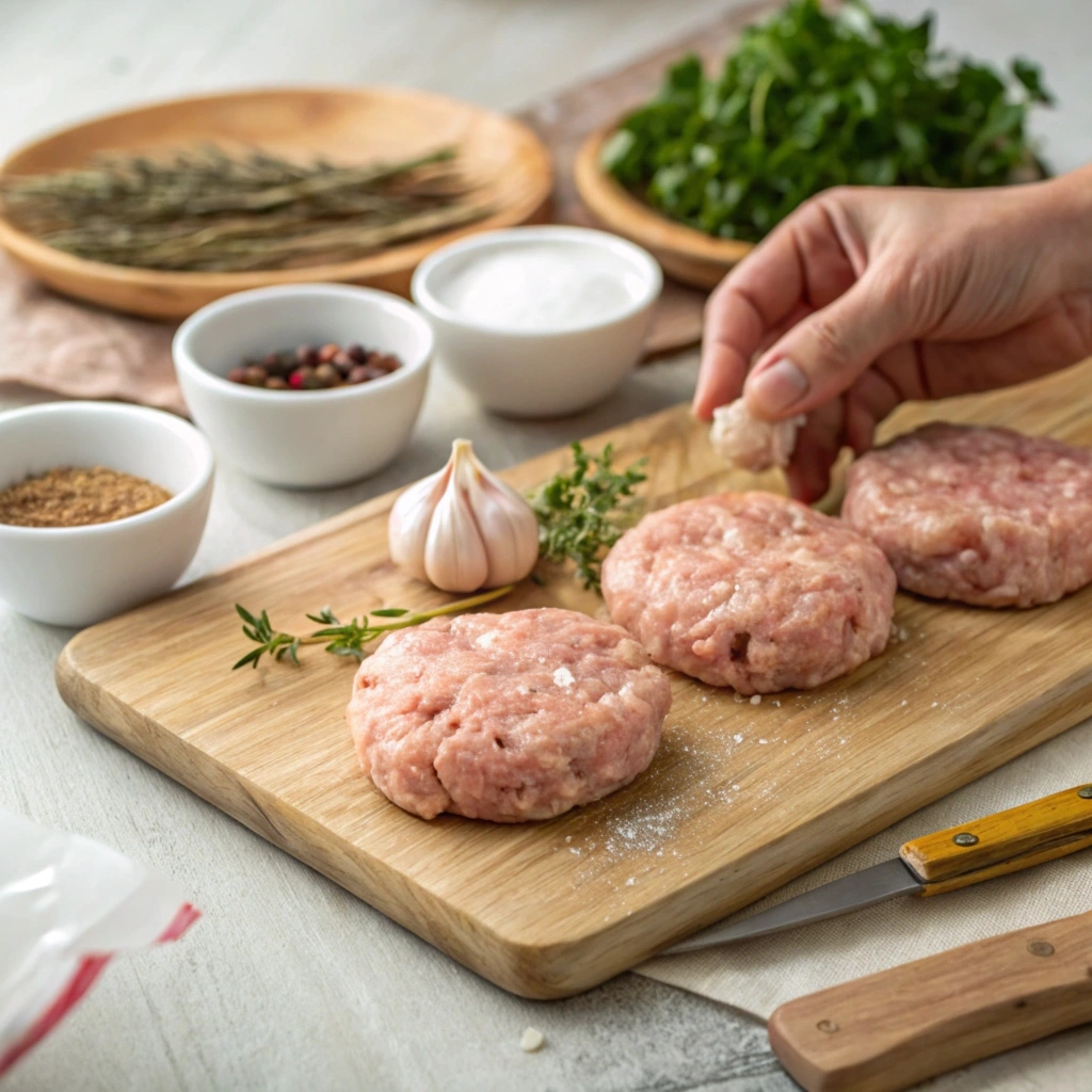 Raw chicken breakfast sausage patties being prepared with fresh herbs and spices on a cutting board.