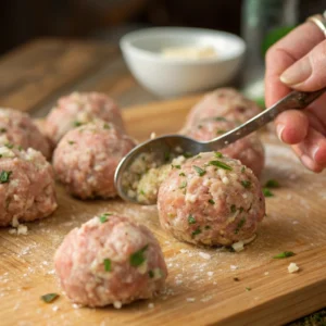 "Raw meatball mixture being shaped into round meatballs, ready for baking