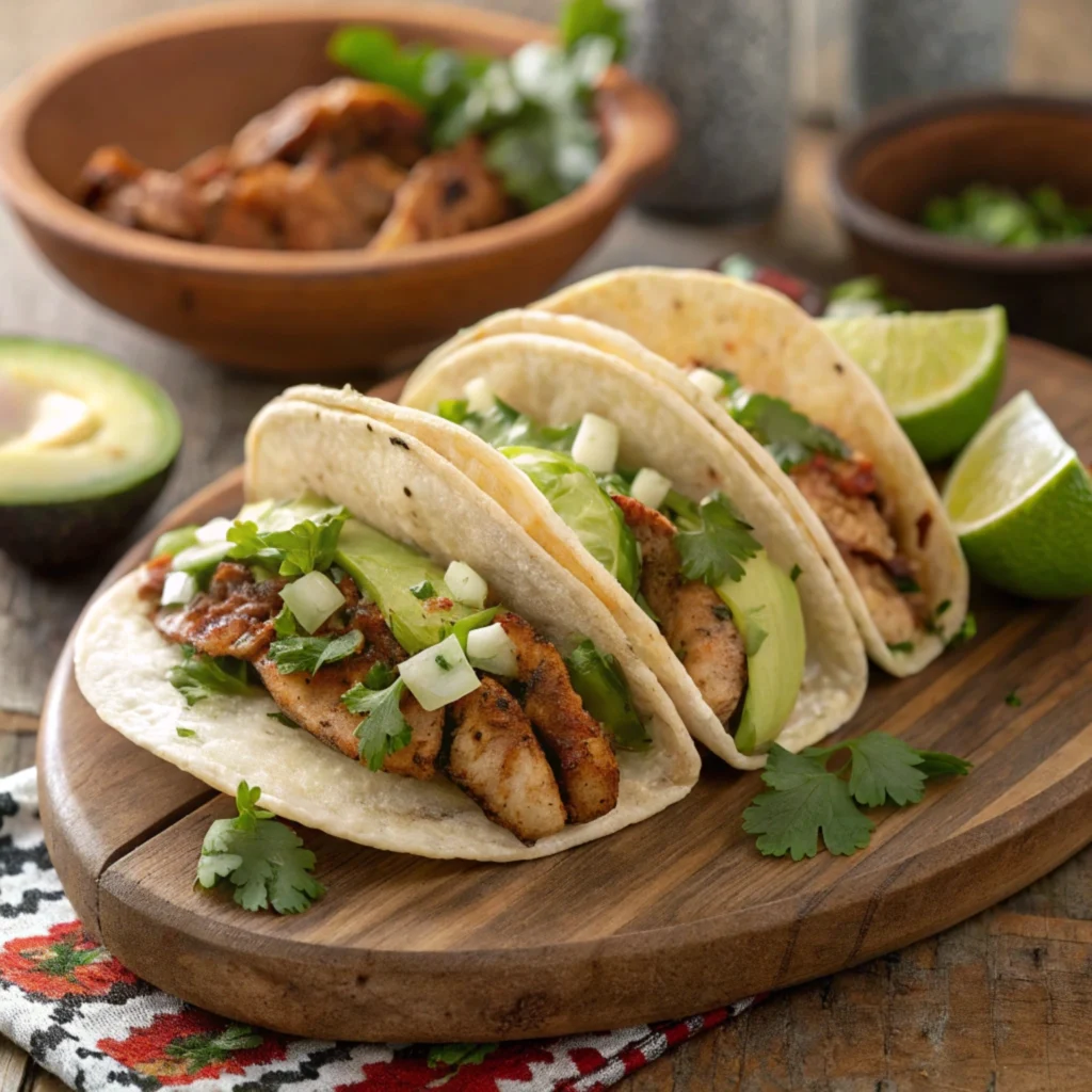 Chicken keema Indian ground beef tacos with toppings on a wooden table