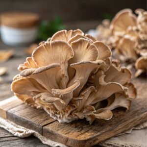 Fresh maitake mushrooms displayed on a rustic wooden surface, showing their feathery texture and earthy color