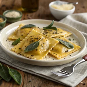 A plate of cooked burrata ravioli coated in golden brown butter sauce, garnished with crispy sage leaves and a sprinkle of grated Parmesan cheese. The dish is served on a white plate with a fork on the side