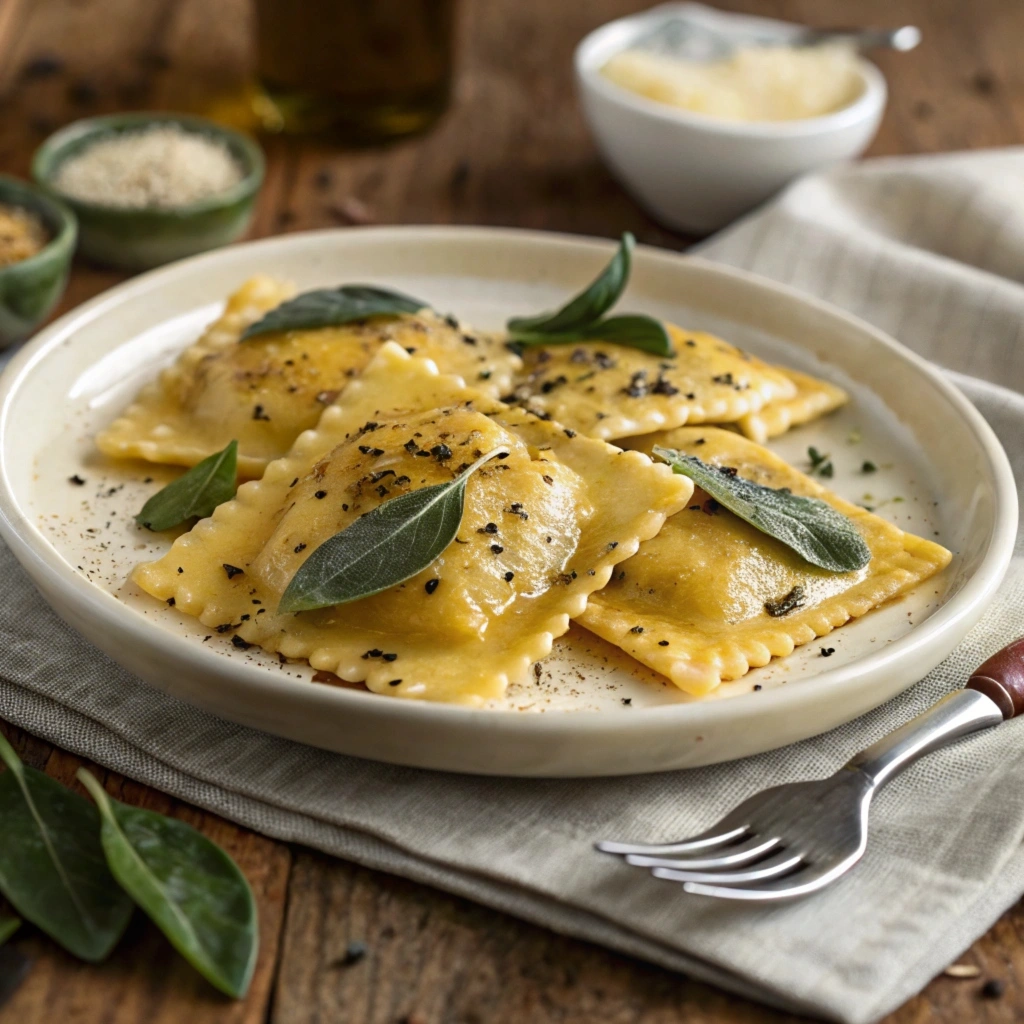 A plate of cooked burrata ravioli coated in golden brown butter sauce, garnished with crispy sage leaves and a sprinkle of grated Parmesan cheese. The dish is served on a white plate with a fork on the side