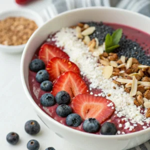 Berry smoothie bowl topped with fresh fruits, granola, and chia seeds