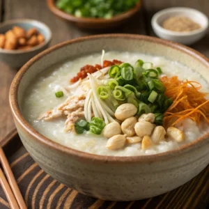 A bowl of congee topped with pickled vegetables, peanuts, shredded chicken, and scallions.