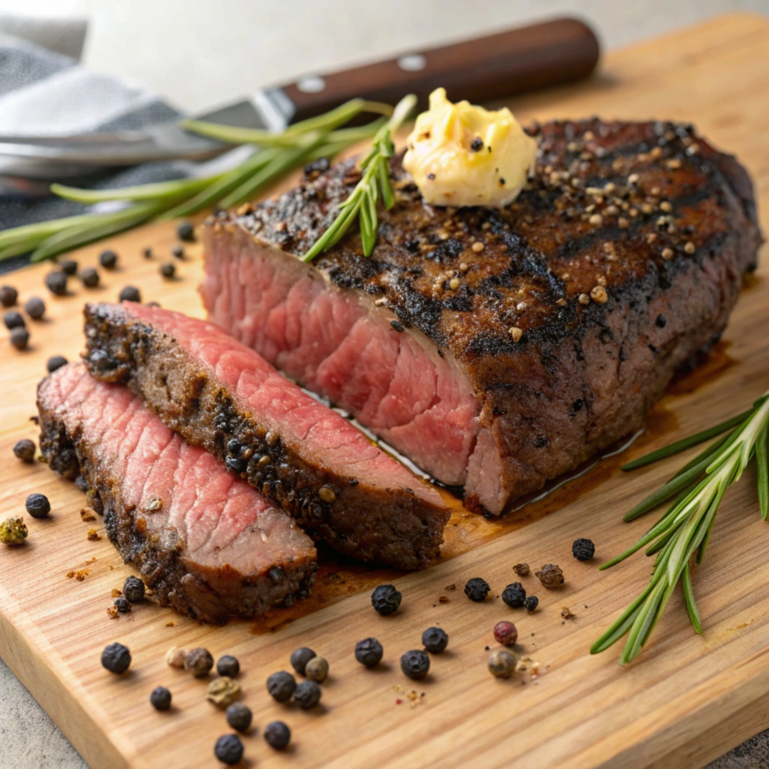 Perfectly seared black pepper Angus steak sliced to reveal a tender, medium-rare interior with pepper crust