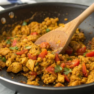 Chicken keema being cooked in a skillet with Indian spices