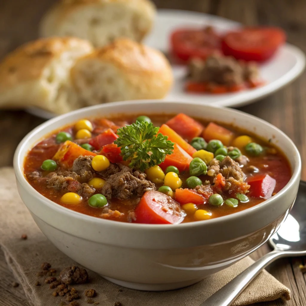 Steaming bowl of Busy Day Soup with ground beef, vegetables, and tomatoes, garnished with fresh parsley