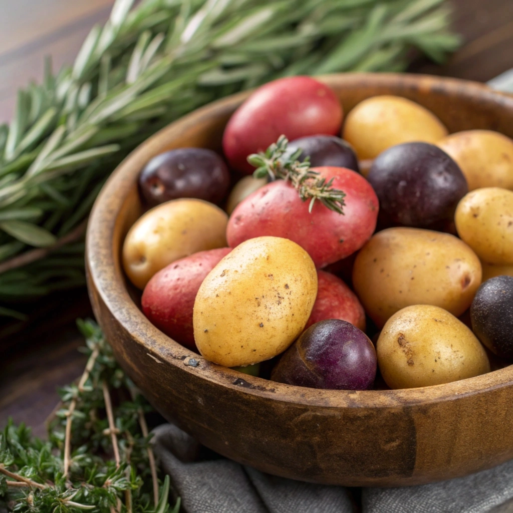 A variety of little potatoes in golden, red, and purple hues, arranged in a rustic wooden bowl with fresh herbs.