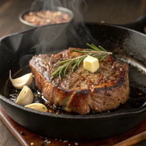 Angus steak sizzling in a cast-iron skillet with butter, garlic, and rosemary, forming a pepper crust