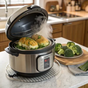 Golden, crispy Barber Foods Broccoli Stuffed Chicken breasts fresh out of the oven, showing caramelized edges and creamy broccoli filling