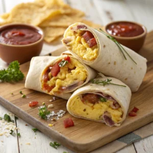 Arby’s breakfast wraps with scrambled eggs, cheese, and bacon, served on a wooden board with dipping sauce