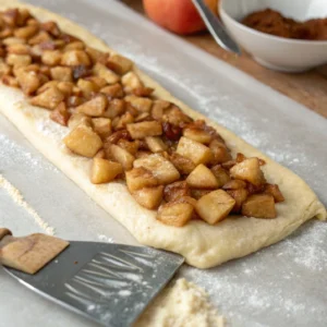 Apple cinnamon filling being spread onto rolled-out brioche dough with visible diced apples and cinnamon