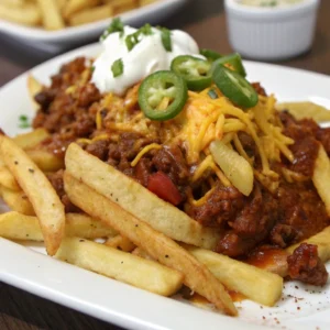 A close-up shot of chili cheese fries piled high on a white plate. The fries are smothered in rich chili con carne, topped with melted cheese, and garnished with jalapeño slices and a dollop of sour cream.