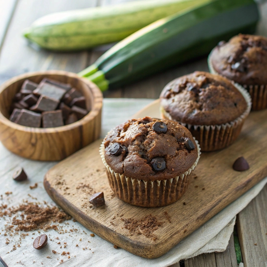 Freshly baked courgette and chocolate muffins with chocolate chips and grated courgette on a wooden surface.