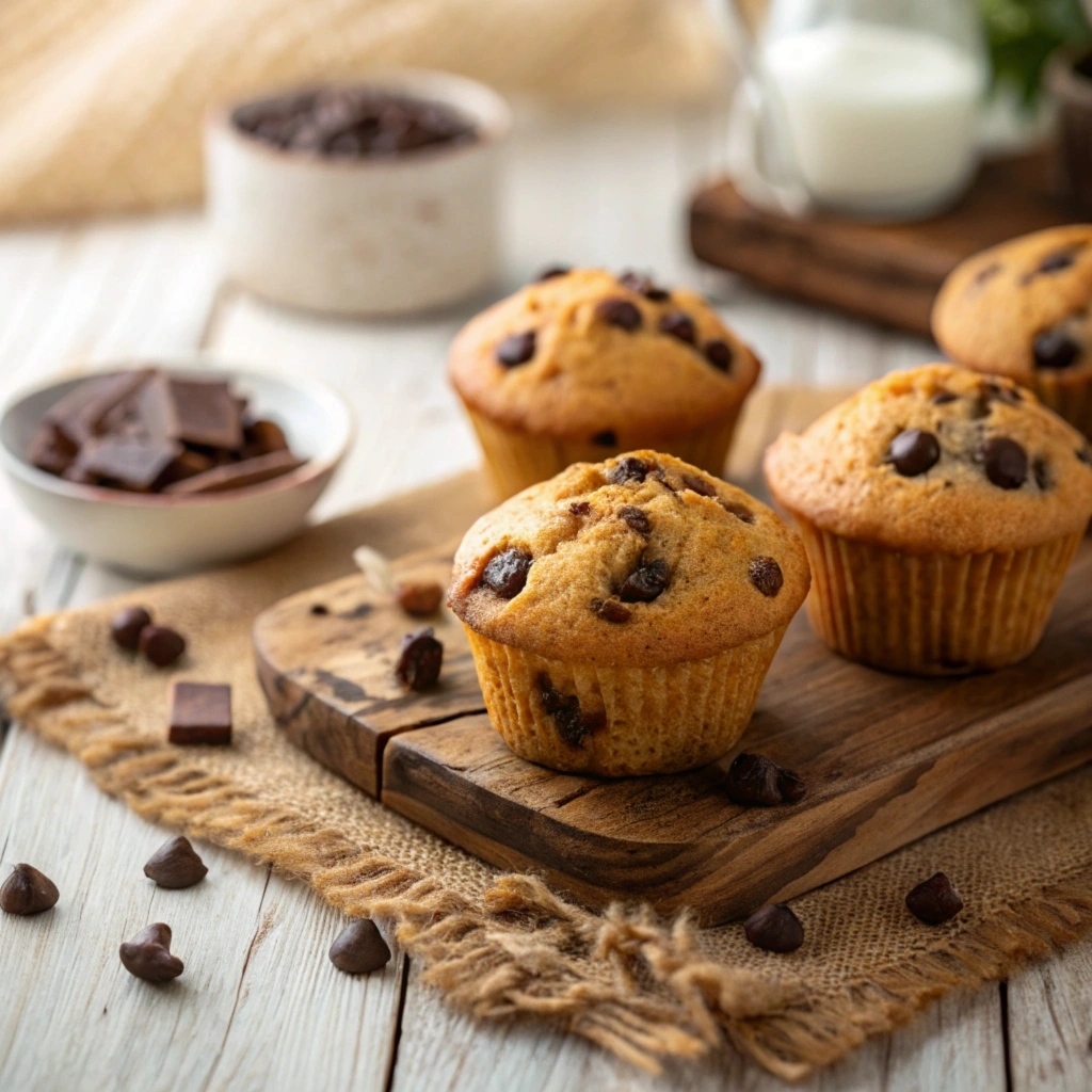 Freshly baked mini chocolate chip muffins with melted chocolate chips on a wooden surface