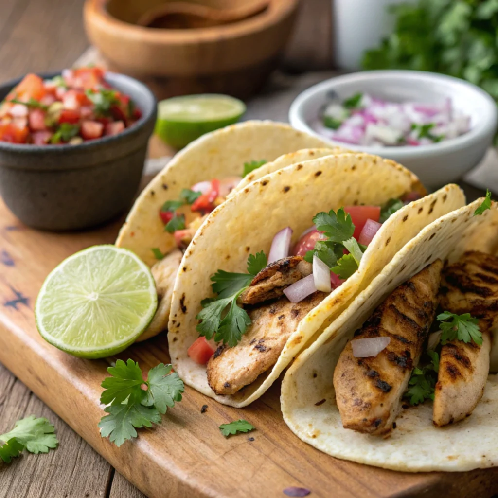 Grilled chicken tacos with charred marinated chicken, topped with fresh cilantro, diced onions, and lime wedges on a rustic wooden background.