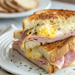 Close-up of Ham, Egg, and Swiss Cheese Sourdough Sandwich with melted cheese and toasted bread