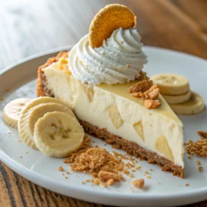 A rich banana pudding cheesecake with a vanilla wafer crust, creamy banana-flavored filling, and whipped topping. 