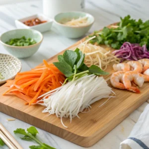 Spring roll filling typically includes shredded vegetables like cabbage, carrots, and bean sprouts, often with proteins like shrimp, pork, or tofu. 