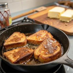 Sourdough French toast sizzling in a skillet with butter and cinnamon