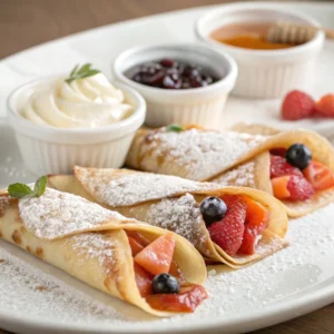 A Russian pancake, or blini, is made of flour, eggs, milk, water, sugar, and yeast or baking soda, creating a thin, soft texture.

