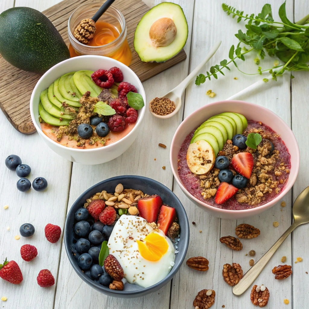 Colorful breakfast bowls with quinoa, smoothie, and Greek yogurt topped with fresh fruits and avocado