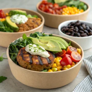 A variety of bread-free burger bowls featuring turkey, Beyond Burger, and BBQ chicken with fresh toppings.