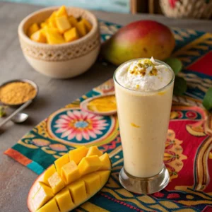 A glass of mango Lassi garnished with a mango slice, surrounded by Indian-inspired decor