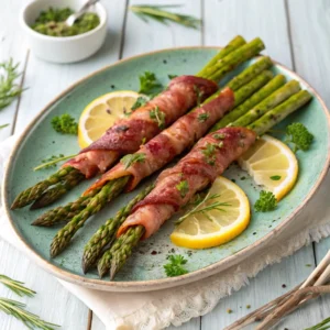 rkey bacon-wrapped asparagus served with lemon slices and parsley garnish.