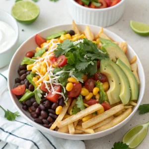 Vegetarian loaded taco salad fries with black beans, corn, tomatoes, avocado, and Greek yogurt drizzle