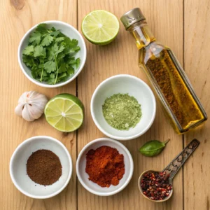 Flat-lay of chicken taco marinade ingredients: lime halves, olive oil, cumin, chili powder, smoked paprika, garlic, and chopped cilantro on a wooden surface