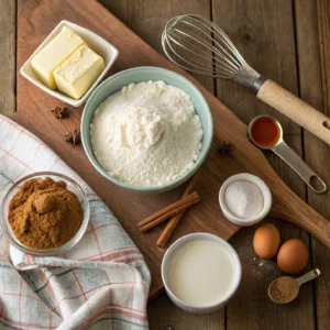 Flat lay of ingredients for cinnamon sugar donut muffins, including flour, butter, sugar, cinnamon, and yogurt