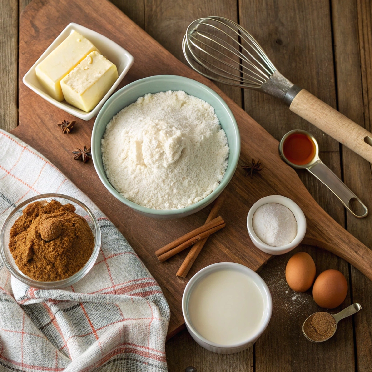 Flat lay of ingredients for cinnamon sugar donut muffins, including flour, butter, sugar, cinnamon, and yogurt