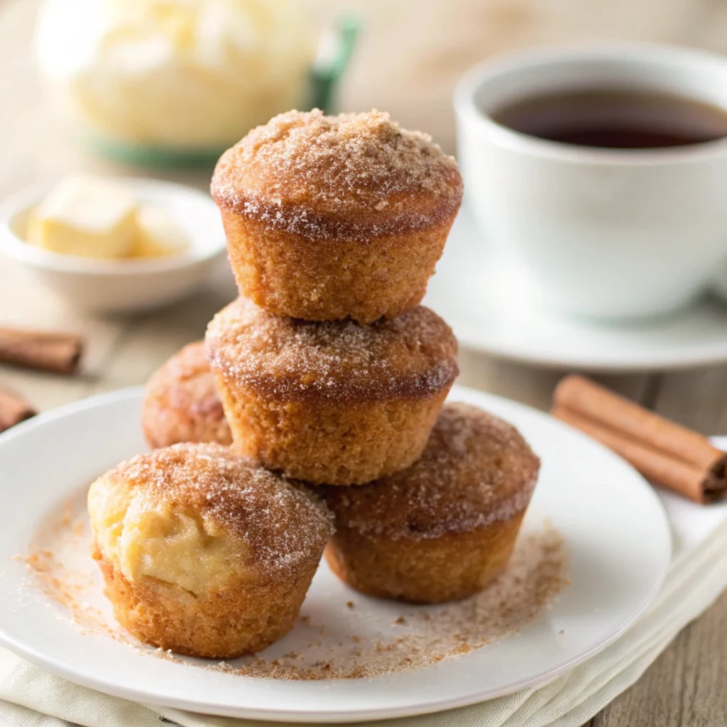 Golden cinnamon sugar donut muffins stacked on a plate, coated with sugar and cinnamon.