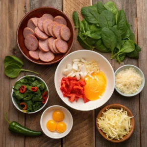 Ingredients for a high-protein breakfast casserole: eggs, spinach, turkey sausage, cheese, and vegetables