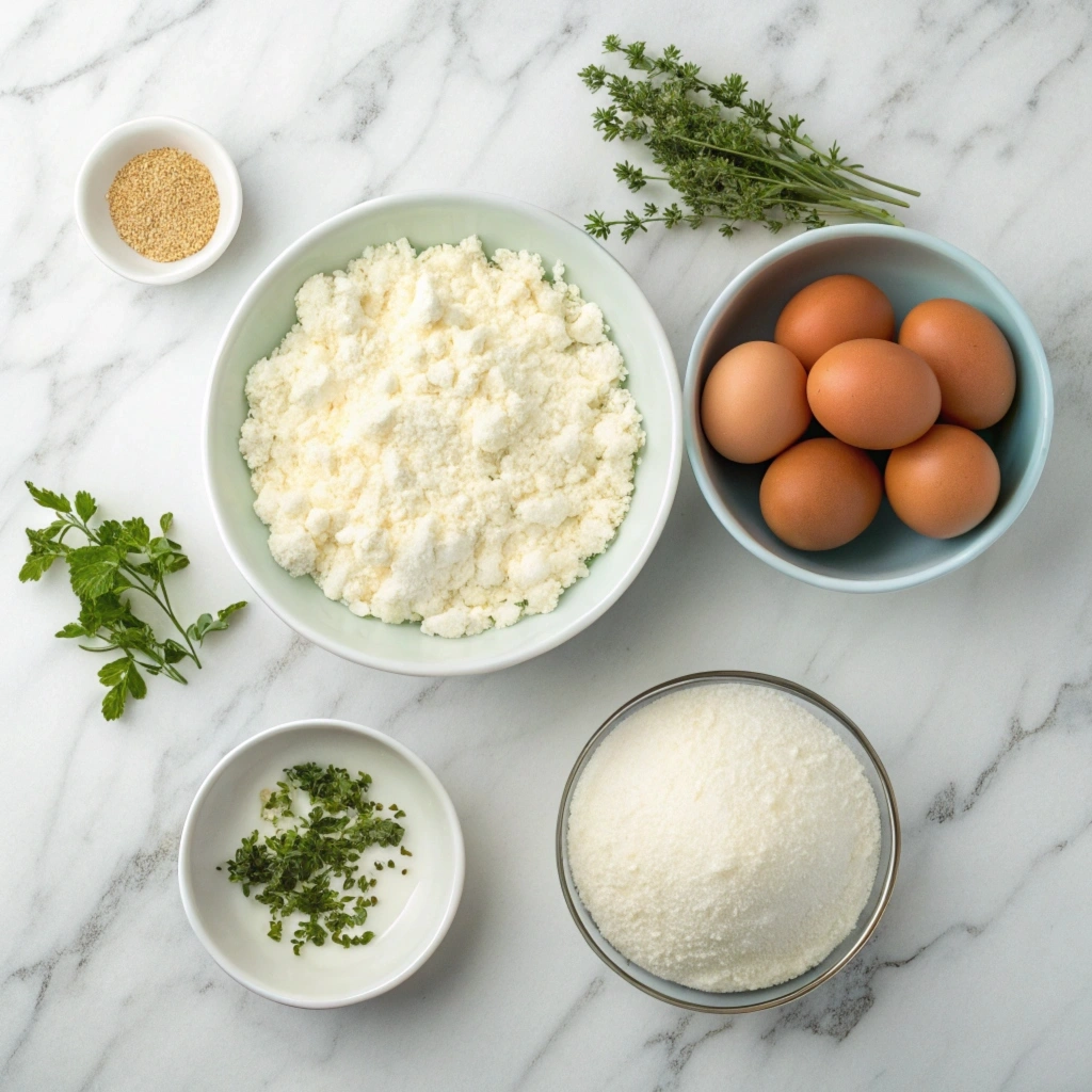 Ingredients for cottage cheese pizza crust including cottage cheese, eggs, almond flour, and herbs.