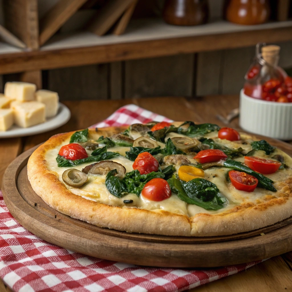 Freshly baked cottage cheese pizza crust with colorful toppings on a wooden board.