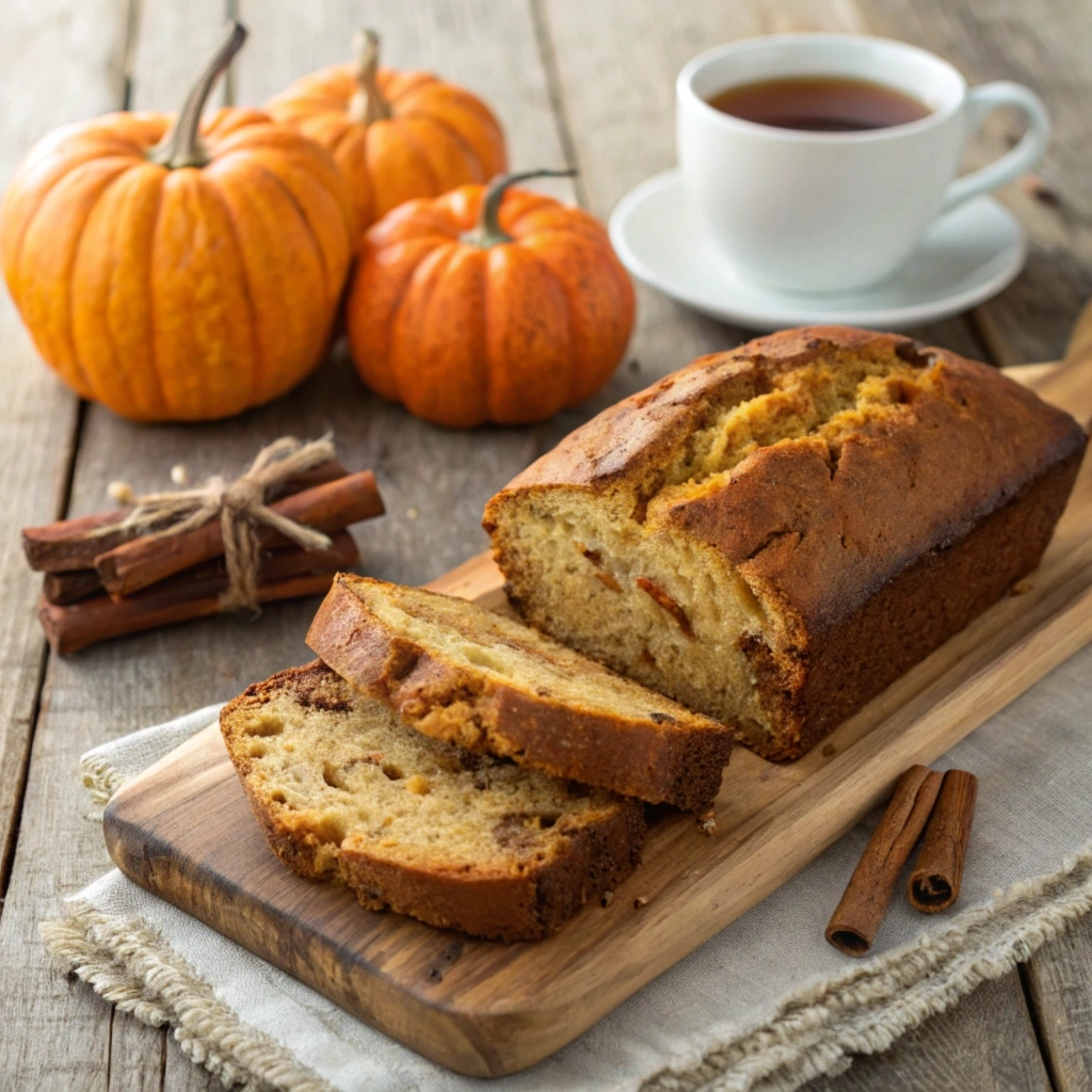 Freshly baked pumpkin banana bread sliced on a rustic surface with cinnamon sticks and pumpkins in the background