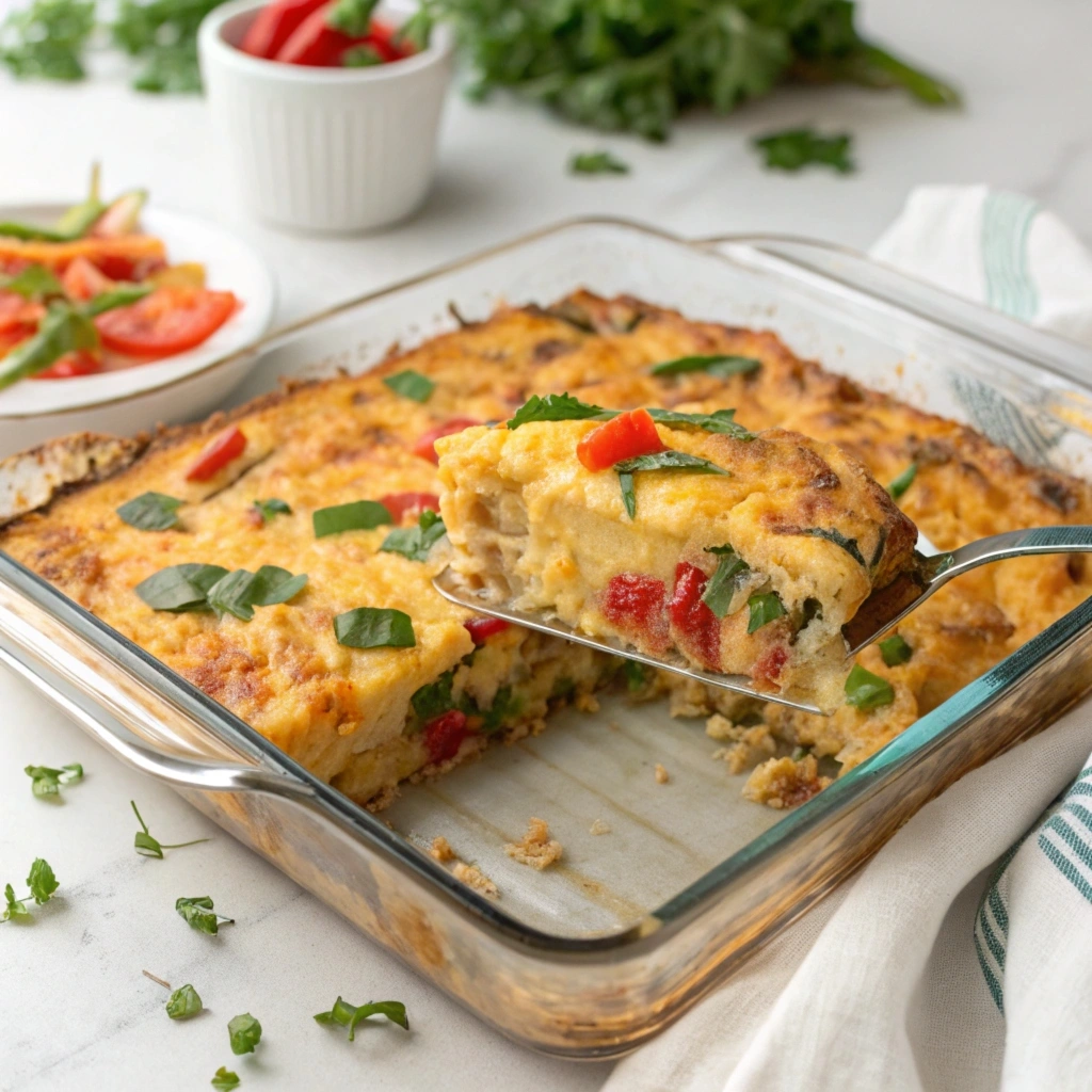 No Egg Breakfast Casserole – a golden, cheesy casserole filled with vegetables and potatoes.