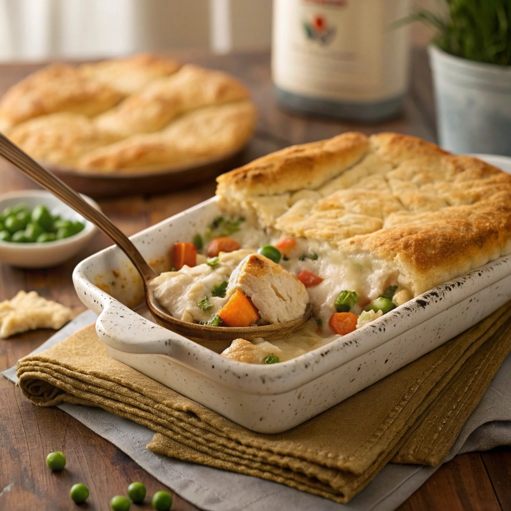 Freshly baked chicken pot pie casserole with a golden crust and creamy chicken filling in a baking dish